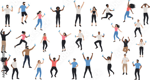 Collection of diverse people jumping, cheering, and celebrating with raised hands, expressing joy, excitement, and energetic movement in a modern flat vector style