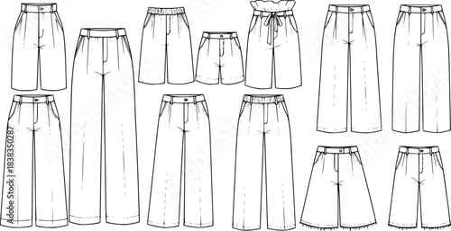 CAD drawing flat vector illustration of women’s wide leg pants fashion design technical sketch with different styles and details	

