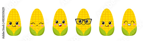 Corn cobs emoji style, character cartoon, big eyes, happy smiling face kawaii, emotions joy delight, vector illustration.