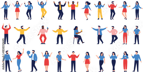 Large collection of diverse people dancing, celebrating, posing, and interacting in various expressive movements, representing joy, communication, and modern lifestyle in flat vector style