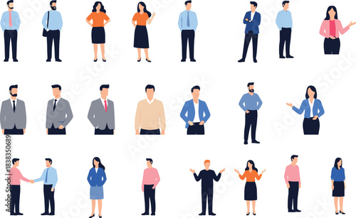 Collection of business professionals in various poses, including standing, presenting, talking, and handshaking, representing teamwork, office communication, and corporate workplace scenes in vector s