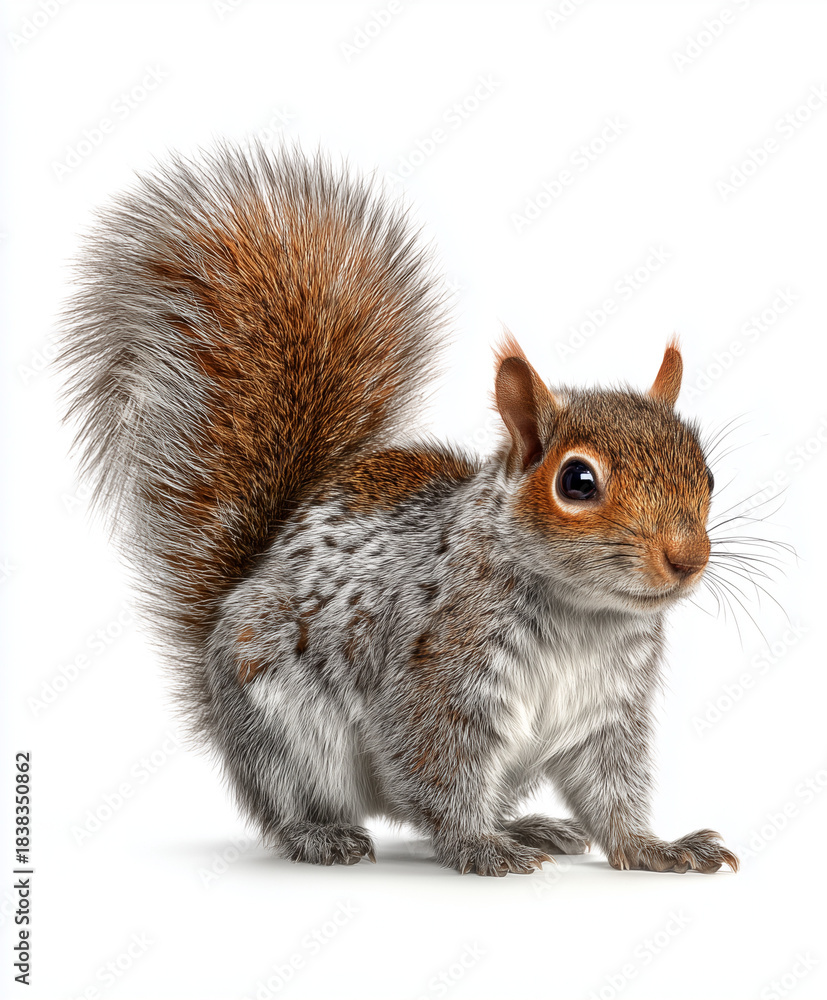 Obraz premium Squirrel with fluffy tail isolated on white background.