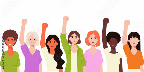 Diverse women united in solidarity raising fists demonstrating empowerment and strength