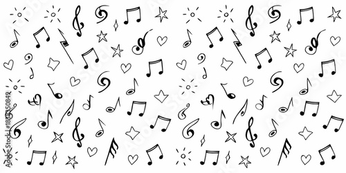 A whimsical pattern featuring musical notes stars and hearts on a white background