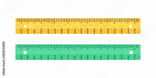 Two colorful rulers one yellow and one green displayed against a white background
