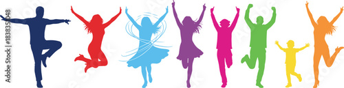 Diverse Group of People Silhouettes Jumping in Colorful Poses Representing Joy, Freedom, Teamwork, Celebration, Happiness, and Active Lifestyle Vector Graphic.