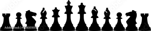 Silhouette of a complete set of chess pieces arranged in a line on a white background showcasing their distinct shapes and forms	
