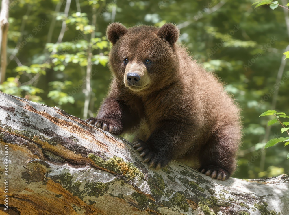 Fototapeta premium Cute Brown Bear Cub Playing on a Log in a Forest Setting