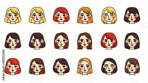 Diverse collection of stylized female avatars with varied hairstyles and hair colors, representing individuality and user profiles.
