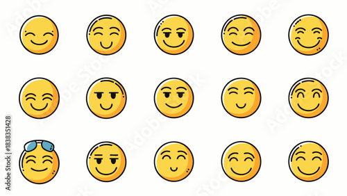 Collection of happy and cheerful yellow smiley face emoticons expressing various positive emotions and moods.