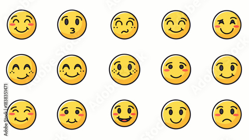 Collection of diverse cartoon emoji faces expressing various emotions and feelings with simple, cheerful expressions.