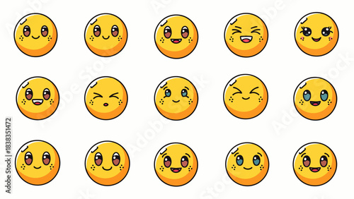 Collection of cute yellow smiley faces expressing a variety of happy and joyful emotions with big eyes.