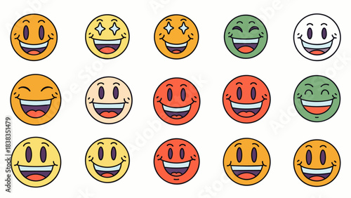 A vibrant collection of diverse cartoon smiley faces expressing various positive emotions and reactions in a playful design.