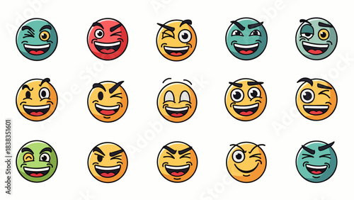 A collection of diverse cartoon smiley faces expressing a wide range of emotions and moods with playful expressions.