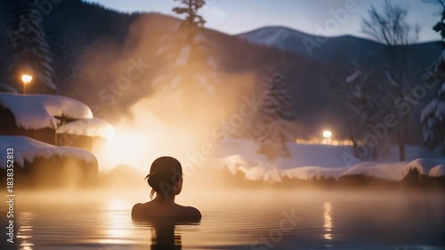 雪景色の中の露天風呂でリラックスする女性の後ろ姿