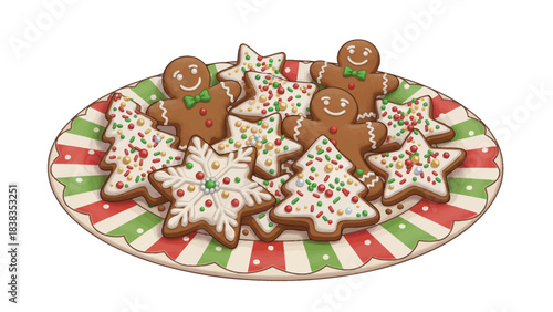 colorful plate of gingerbread cookies decorated with icing and sprinkles creates a cheerful holiday dessert perfect for Christmas celebrations and family gatherings
