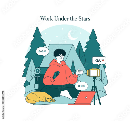Outdoor Vlogging at Night Vector Illustration
