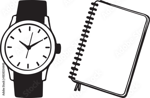 wristwatch and a spiral bound notebook