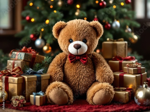 Cute teddy bear with bow tie near Christmas gifts and tree