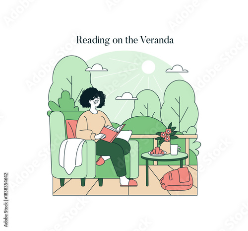 Woman Reading Book on Veranda Vector Illustration