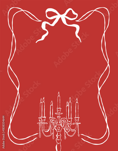 Holiday card template featuring a ribbon frame with a bow, a vintage candelabra with candles and pearls, and space for text. A red vintage frame with a ribbon is perfect for wedding, Valentines Day