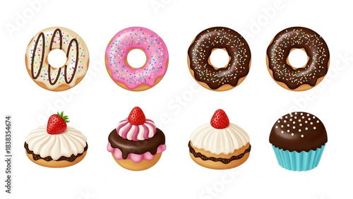 Delicious assortment of vibrant frosted donuts and tempting strawberry cream cupcakes perfect for sweet indulgence