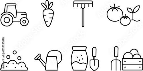 Farm and agriculture icons set. Harvest, tools, tractor, plants, barn outline symbols