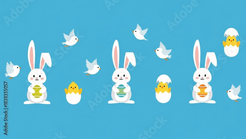 Adorable cartoon Easter bunnies happily holding decorated eggs surrounded by cute chicks and flying doves