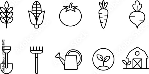 Farm and agriculture icons set. Harvest, tools, tractor, plants, barn outline symbols