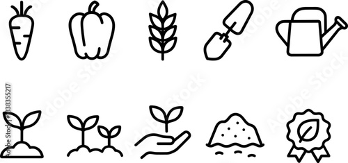Farm and agriculture icons set. Harvest, tools, tractor, plants, barn outline symbols