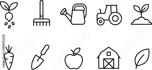 Farm and agriculture icons set. Harvest, tools, tractor, plants, barn outline symbols