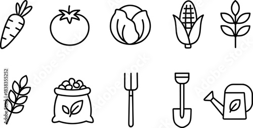 Farm and agriculture icons set. Harvest, tools, tractor, plants, barn outline symbols