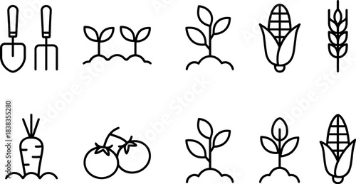 Farm and agriculture icons set. Harvest, tools, tractor, plants, barn outline symbols