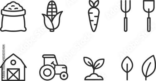 Farm and agriculture icons set. Harvest, tools, tractor, plants, barn outline symbols