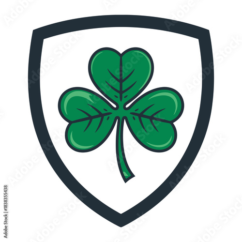 Green shamrock inside a shield emblem icon, symbol of luck and ireland.