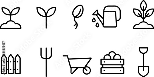 Farm and agriculture icons set. Harvest, tools, tractor, plants, barn outline symbols