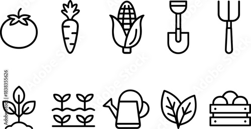 Farm and agriculture icons set. Harvest, tools, tractor, plants, barn outline symbols