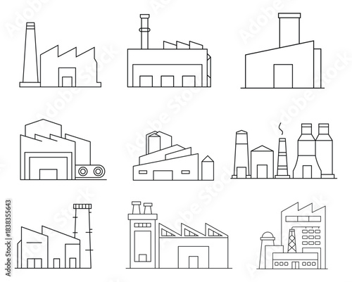 A collection of nine distinct minimal line art factory and industrial building icons for manufacturi