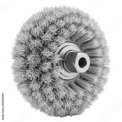 Close up of a heavy duty industrial nylon filament cup brush with threaded arbor for power tool cleaning and surface preparation applications