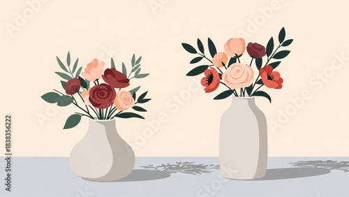 Stunning minimalist floral arrangement featuring elegant muted roses and poppies in modern ceramic vases