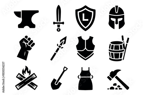 Medieval Smithy Icons Set: Solid Style Vector Symbols of Anvil, Sword, Shield, and Armor Plate