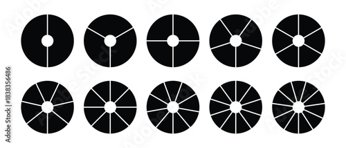 Pie chart color icons. Segment slice sign. Circle section graph. 1,2,3,4,5 segment infographic. Wheel round diagram part symbol. Three phase, six circular cycle. Geometric element. Vector illustration