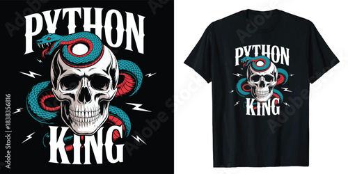 Python king skull with snake graphic tshirt design illustration