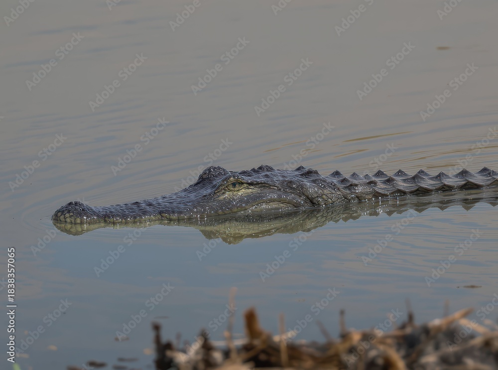 Obraz premium Crocodile Swimming in Calm Water Surrounded by Natural Landscape