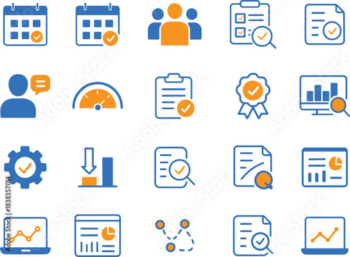 Performance metrics data visualization and audit icon set featuring scheduling teamwork communication reports and quality control symbols
