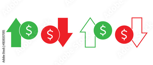 Dollar price up and down vector sign icon in flat or line style. Dollar coin graph up and down. Money cost arrow growth, decline. Currency investment.vector illustration 