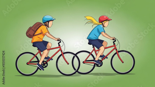 Energetic children safely cycling outdoors wearing helmets for healthy active transportation and summer fun