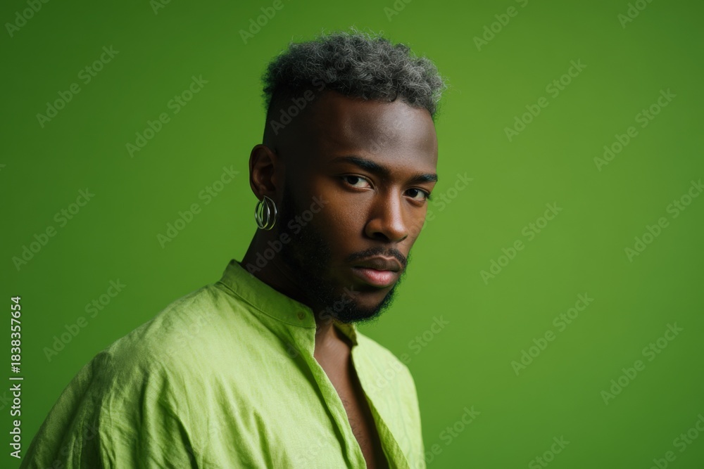 Obraz premium African male with green shirt against green background