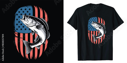 FinaJumping bass fish with distressed american flag background graphic design