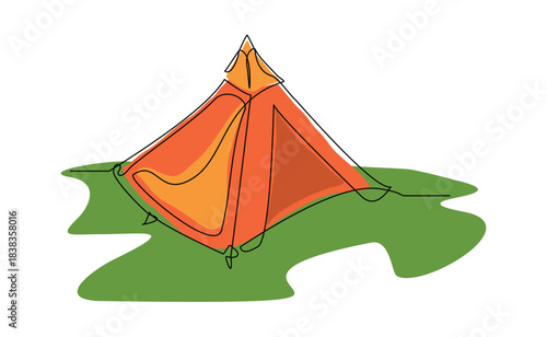 Continuous single line sketch drawing outdoor tent camping travel. One line art nature tourism, journey, adventure vector illustration editable stroke